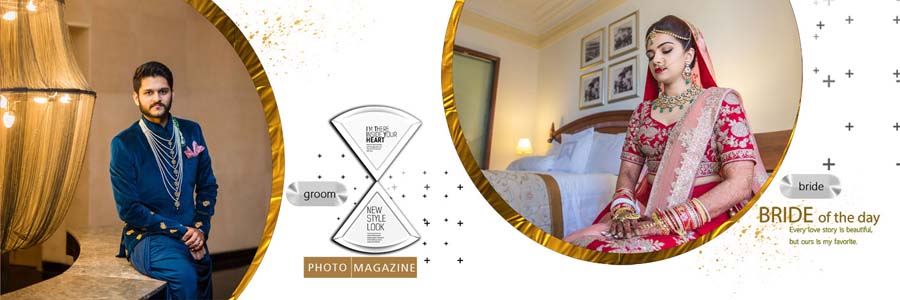 Creative pre-wedding album layout for bride and groom photos