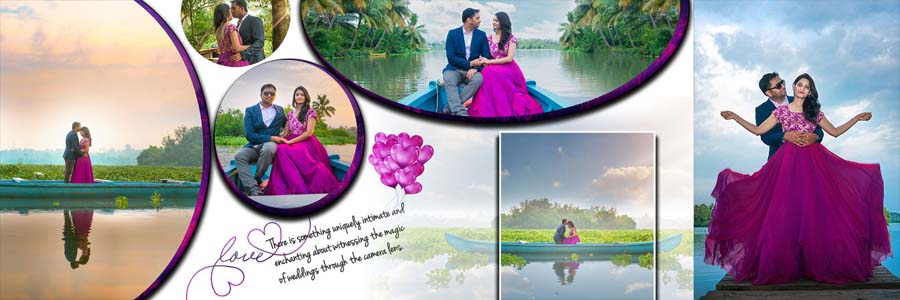 Wedding couple album design with creative photo arrangements