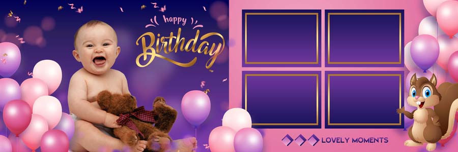 1st birthday album PSD 12x36 — editable text and photo placeholders for designers