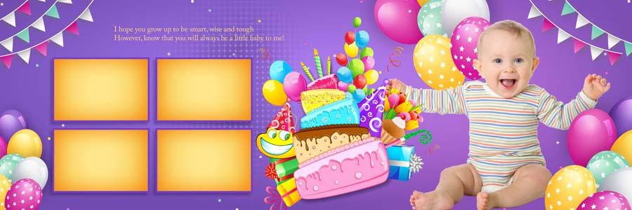 1st birthday album PSD 12x36 — full spread preview with photo placeholders