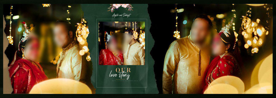 12x36 album PSD template green theme 'Our Love Story' collage with couple closeups