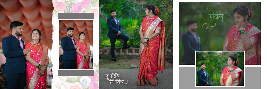Marathi wedding album PSD spread three-panel portrait with floral accents 12x36