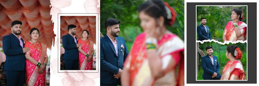 Marathi wedding album PSD spread layered portraits with soft focus foreground 12x36