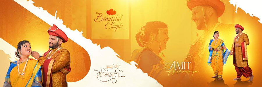 Marathi wedding album PSD spread warm orange editorial couple layout 12x36