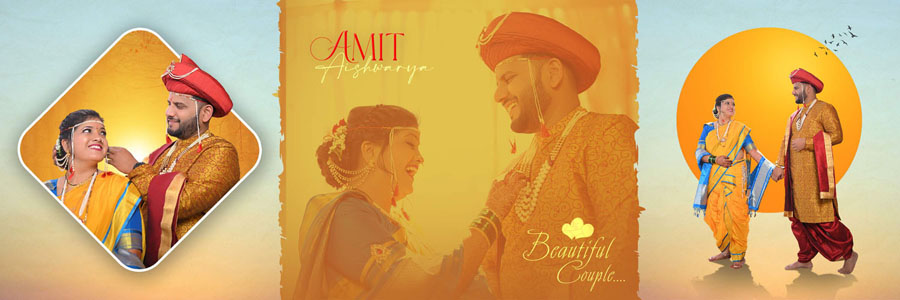 Marathi wedding album PSD spread diamond crop couple portrait with sun motif 12x36