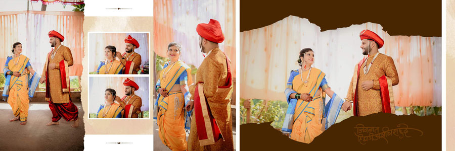 Marathi wedding album PSD spread walking couple collage panels 12x36