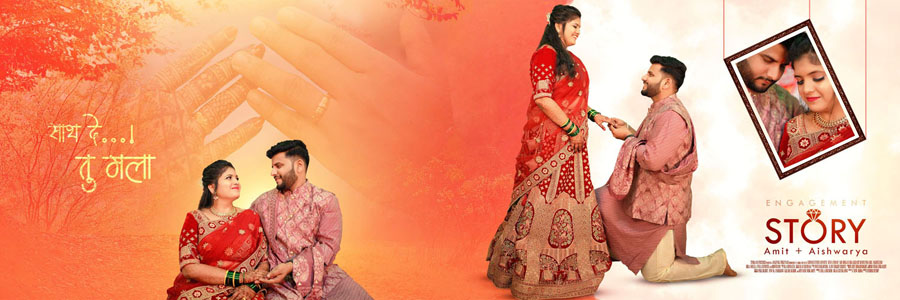 Marathi wedding album PSD spread engagement pose with soft orange background 12x36