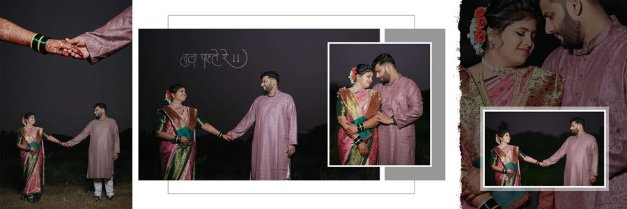 Marathi wedding album PSD spread moody black background couple portraits 12x36