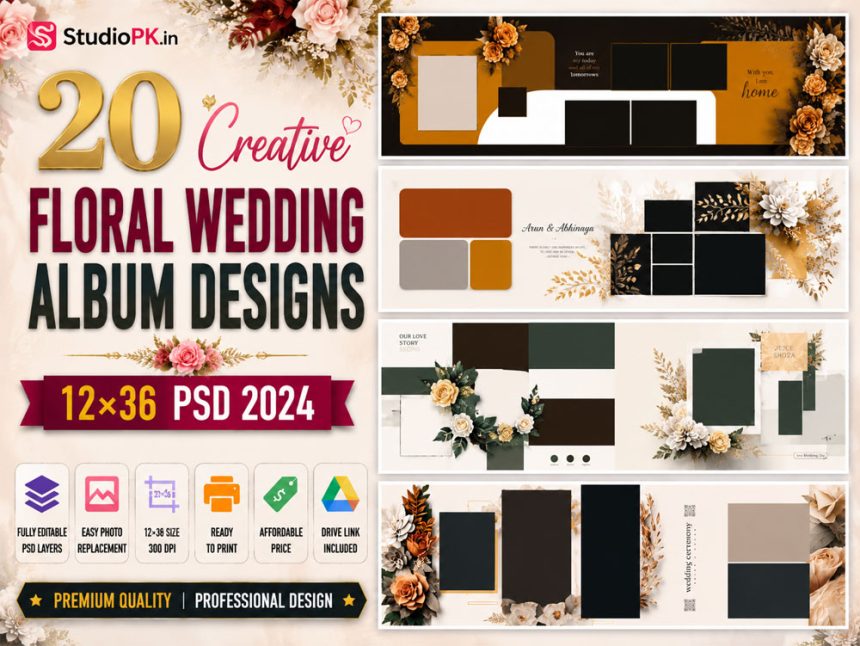 20 Creative Floral Wedding Album Designs 12×36 PSD 2024