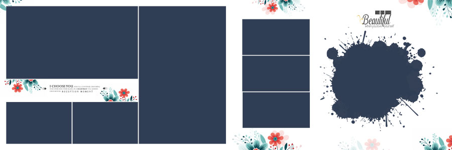 stylish bride and groom album PSD 12x36 template with soft blue floral wedding design background