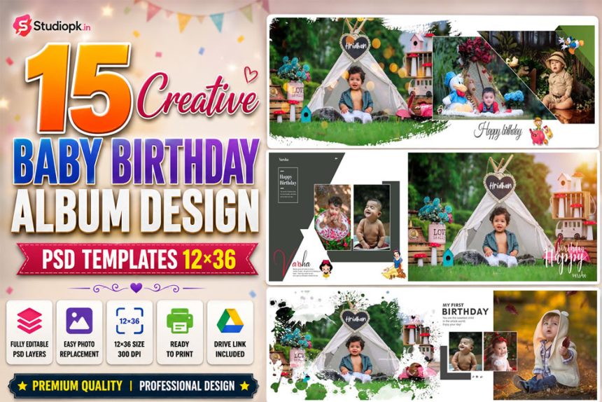 15 Creative Baby Birthday Album Design PSD Templates 12x36