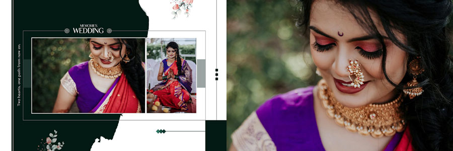 Designer wedding album PSD template with elegant photo frames