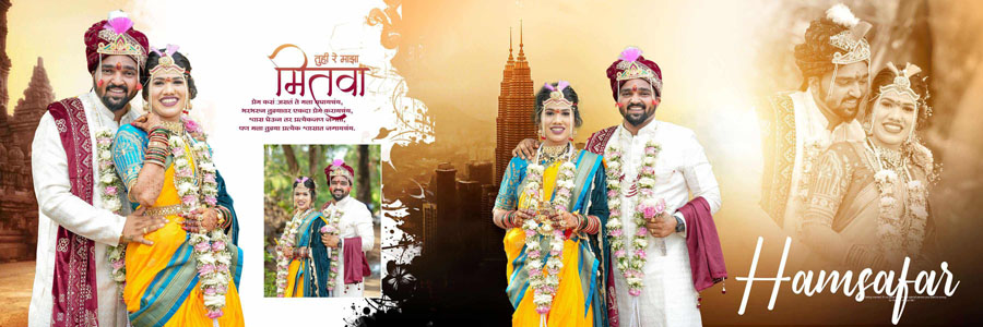 Marathi wedding photo album spread with cinematic storytelling style