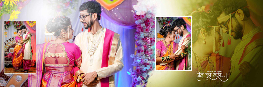 Cinematic wedding album spread inspired by Marathi wedding photography
