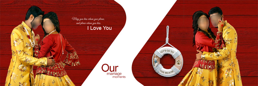 Indian wedding DM album design PSD featuring a bride and groom in a classic blue layout