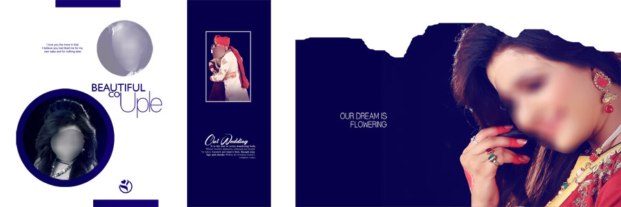 Dark Indian wedding album PSD template featuring groom and bride portraits in an elegant layout