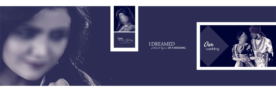 Red and white Indian wedding DM album design with traditional bride and groom photographs