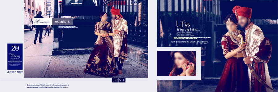 Classic blue Indian wedding album layout with bride and groom photographs in a panoramic design