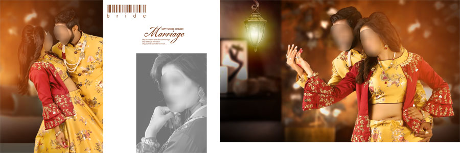 Black and white Indian wedding DM album design with romantic bride and groom portraits
