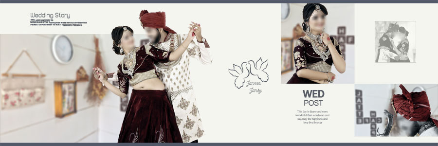 Beige and golden Indian wedding album design with bride and groom portraits
