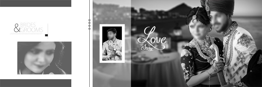 White and purple wedding DM album PSD template with creative couple photo arrangements