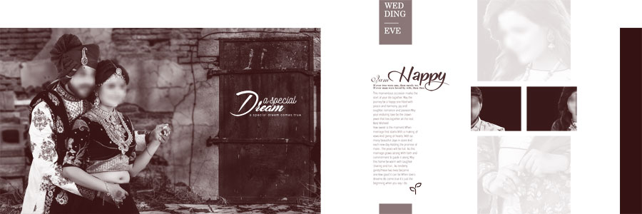 Elegant Indian wedding album design featuring outdoor bride and groom photography in a cream layout
