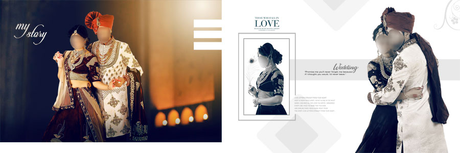 Blue and purple Indian wedding DM album PSD design with traditional bride and groom portraits