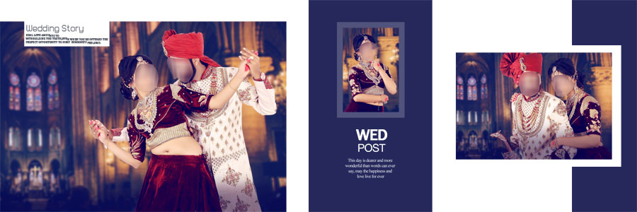 Warm beige Indian wedding album PSD layout with bride and groom portraits