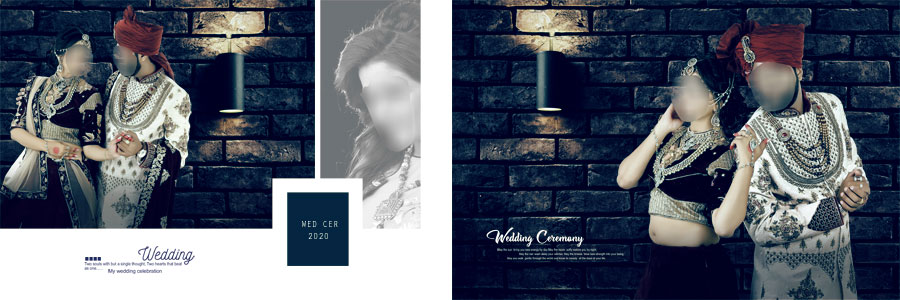 Elegant white Indian wedding DM album design with couple photography and minimal decorations