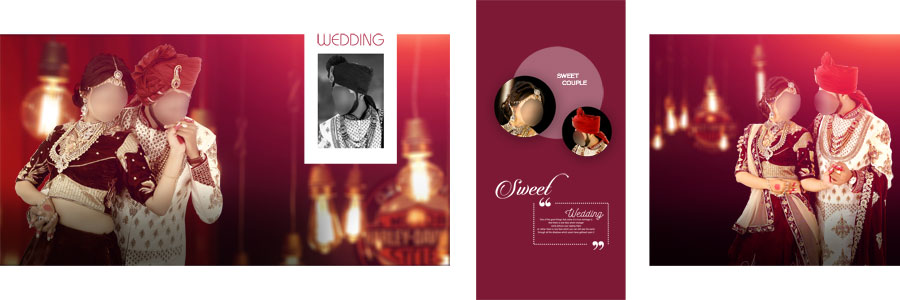 Monochrome wedding album PSD layout featuring a bridal portrait and framed photographs
